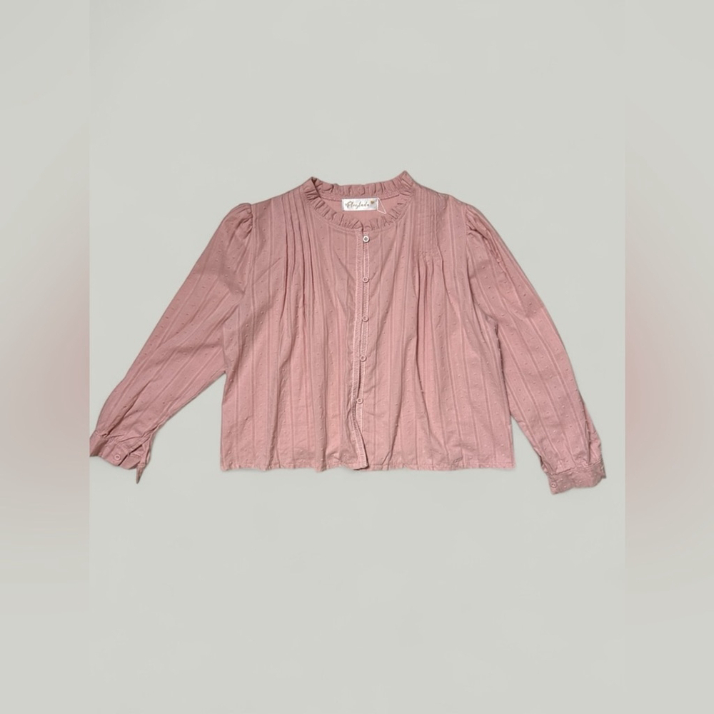 Pink Top Women Size Large Cotton Swiss Dot Pleated Ruffle Round Neckline Long - Picture 6 of 13